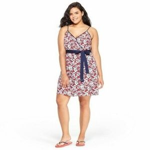 Hibiscus Whale V Neck Red Wrap Dress Plus 1X